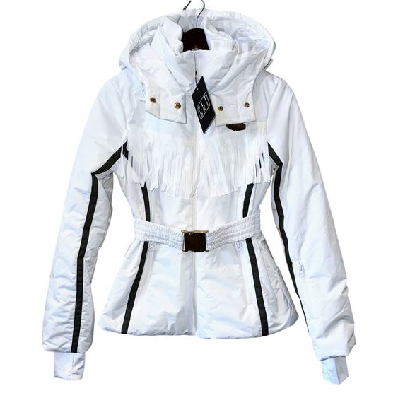 $165 4 S PRETTYLITTLETHING SKI White Contrast Fringed Detail Belted Puffer Coat - Picture 1 of 6